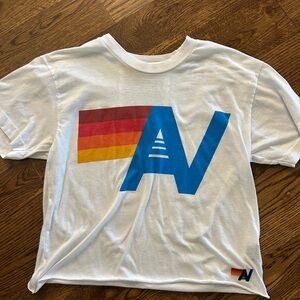 Aviator Nation White Tee with Blue and Multicolor Graphic